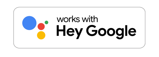 Logo with 'works with Hey Google' text on a black background