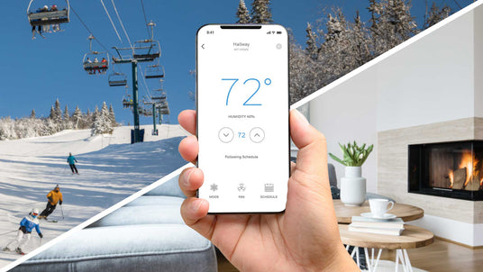 A smartphone screen shows an app that displays a temperature of 72 degrees. In the background, a split image shows a home interior with a fireplace, and the top half shows people skiing outside.